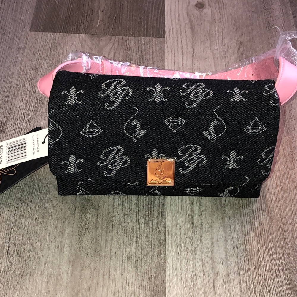 Baby Phat Black Denim & Pink With Monogram Print Flap Shoulder Bag NWT - Picture 13 of 16